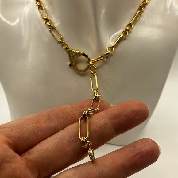 NEW 18k Real Gold Plated Paper Clip 25 inch Chain Large Cubic Zirconia Clasp - Picture 8 of 14